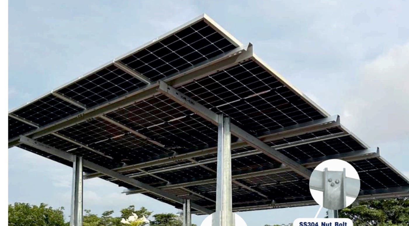 Grando Solar storm-safe HDGI elevated structure with SS304 fasteners and Hilti anchoring